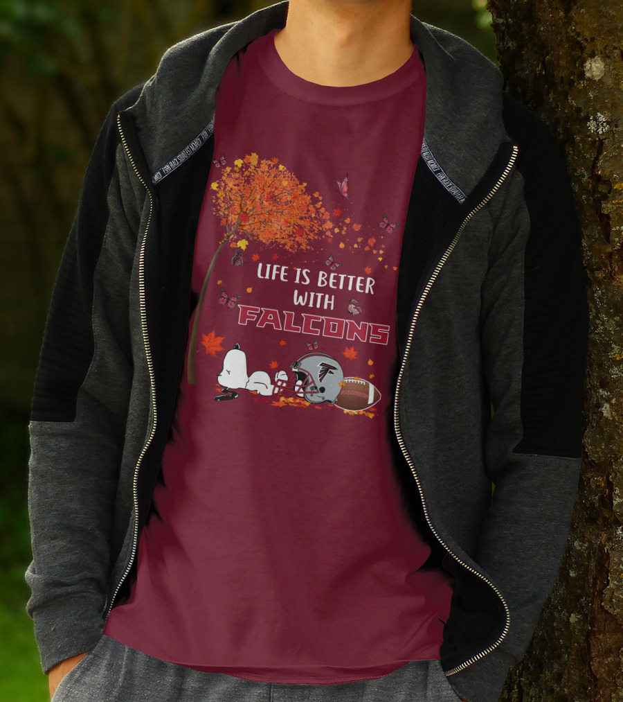 Life Is Better With Falcons Autumn Leaves Helmet Football Snoopy T-Shirt