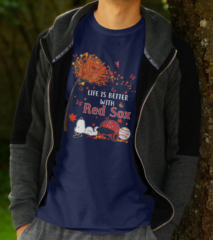 Life Is Better With Red Sox Tree Butterflies Baseball T-Shirt