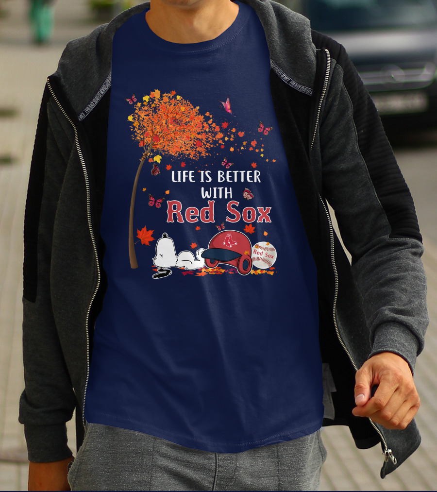 Life Is Better With Red Sox Tree Butterflies Baseball T-Shirt