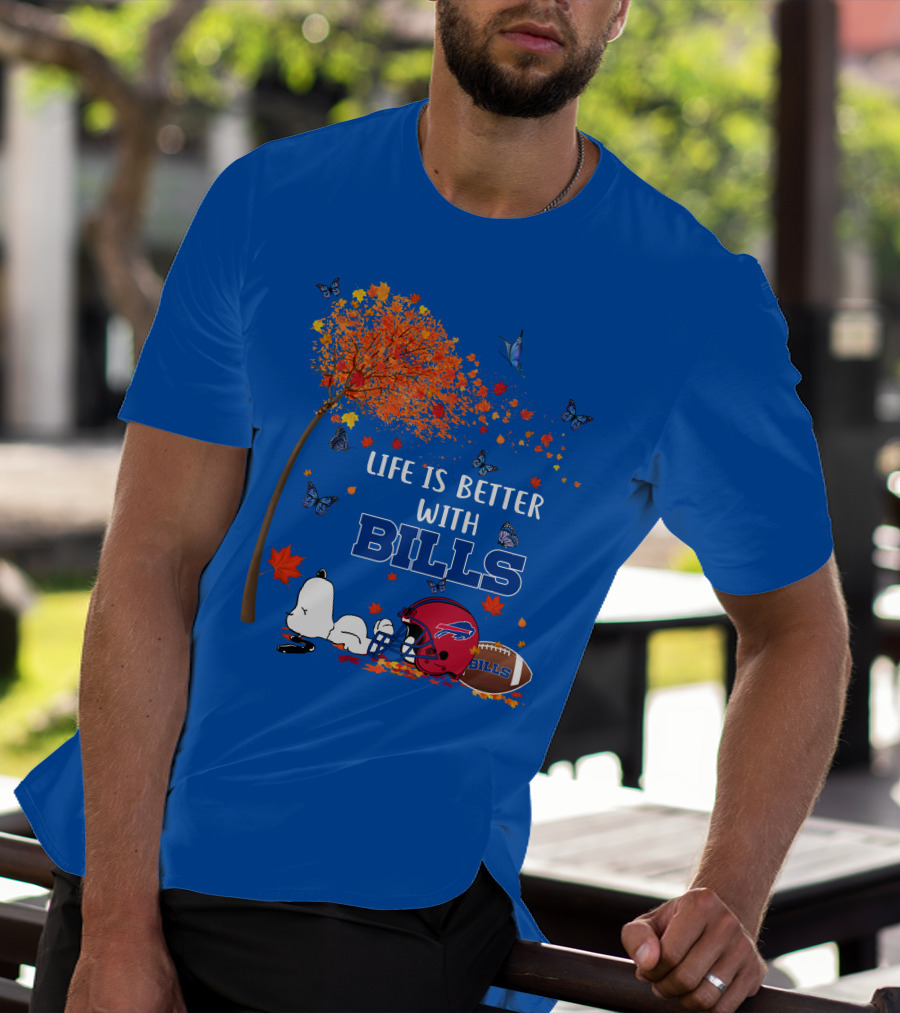 Life Is Better With Bills Buffalo Helmet And Football Under Autumn Tree With Snoopy And Butterflies T-Shirt