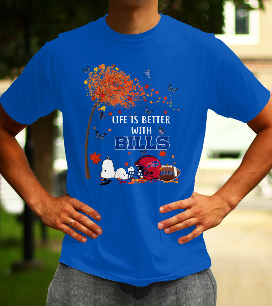 Life Is Better With Bills Buffalo Helmet And Football Under Autumn Tree With Snoopy And Butterflies T-Shirt