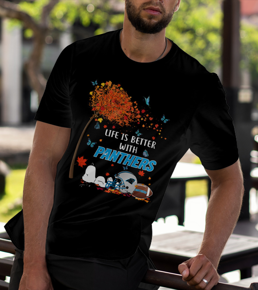Life Is Better With Panthers Carolina Football Helmet And Autumn Leaves T-Shirt