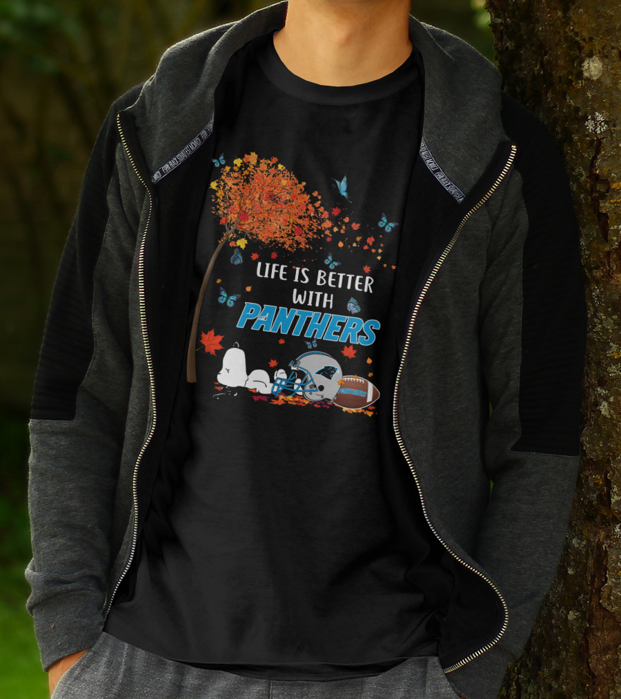 Life Is Better With Panthers Carolina Football Helmet And Autumn Leaves T-Shirt