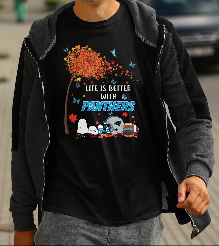 Life Is Better With Panthers Carolina Football Helmet And Autumn Leaves T-Shirt