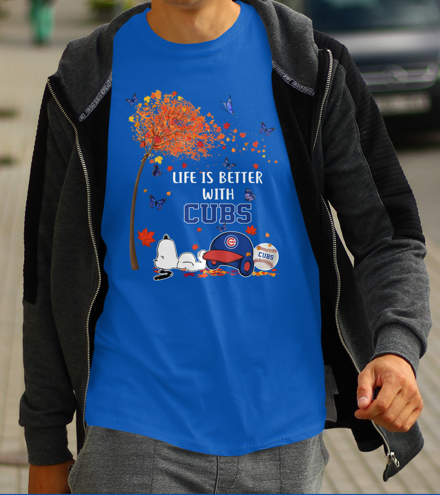 Life Is Better With Cubs Autumn Tree Baseball Hat And Ball T-Shirt
