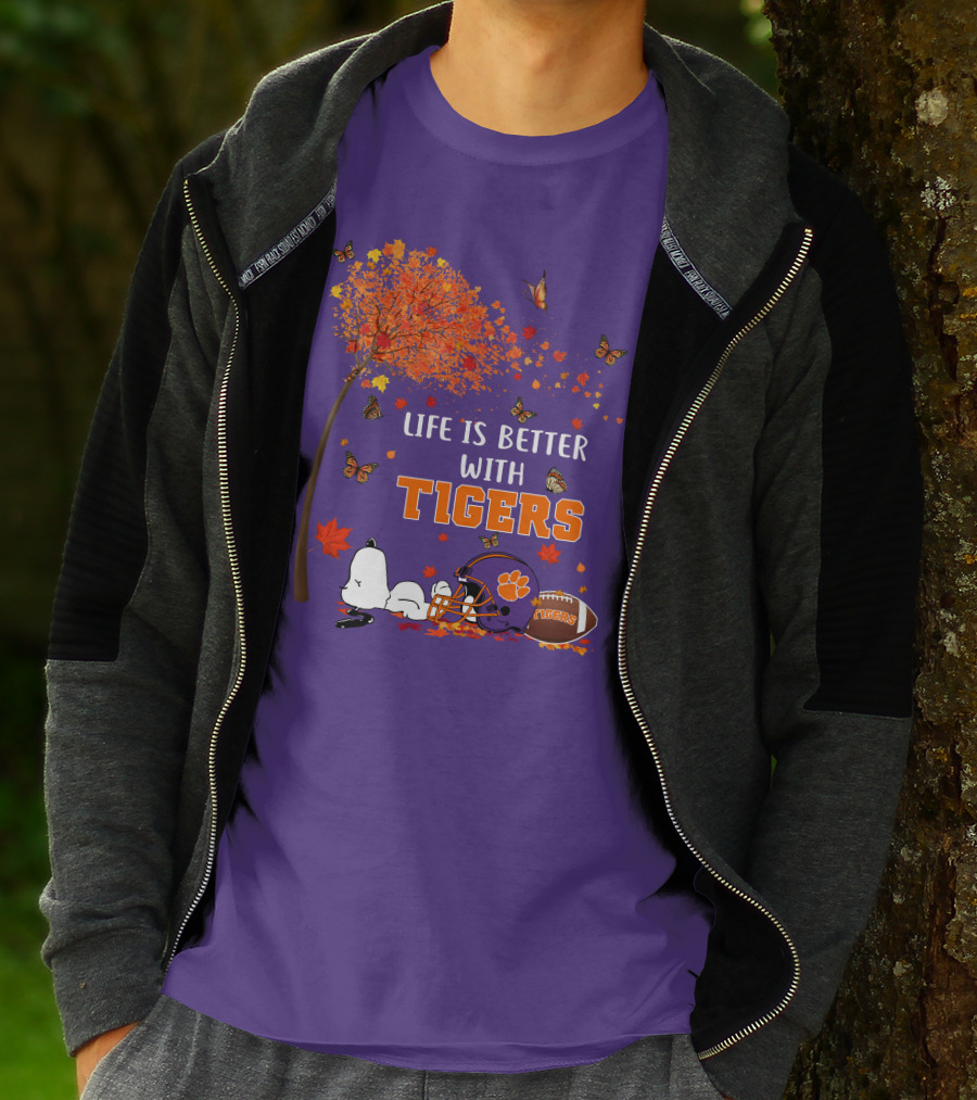 Life Is Better With Tigers Autumn Tree Snoopy Football Helmet Butterflies T-Shirt