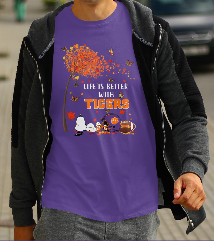 Life Is Better With Tigers Autumn Tree Snoopy Football Helmet Butterflies T-Shirt