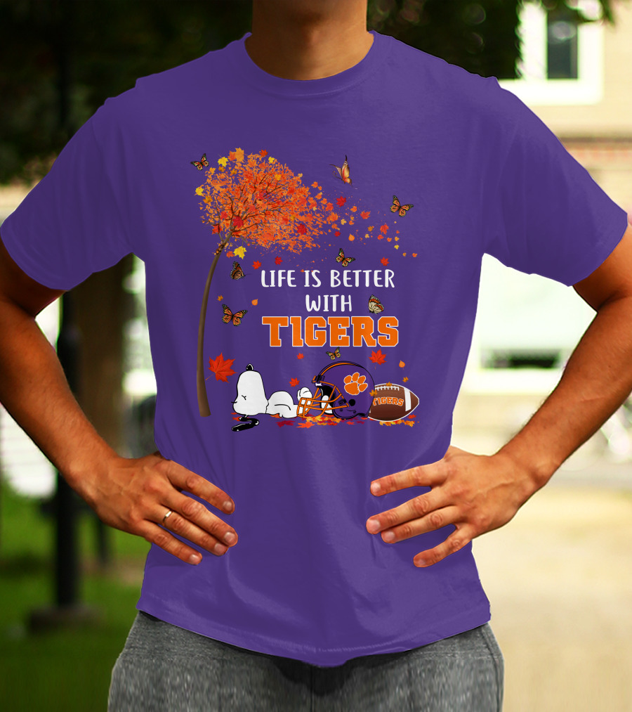 Life Is Better With Tigers Autumn Tree Snoopy Football Helmet Butterflies T-Shirt