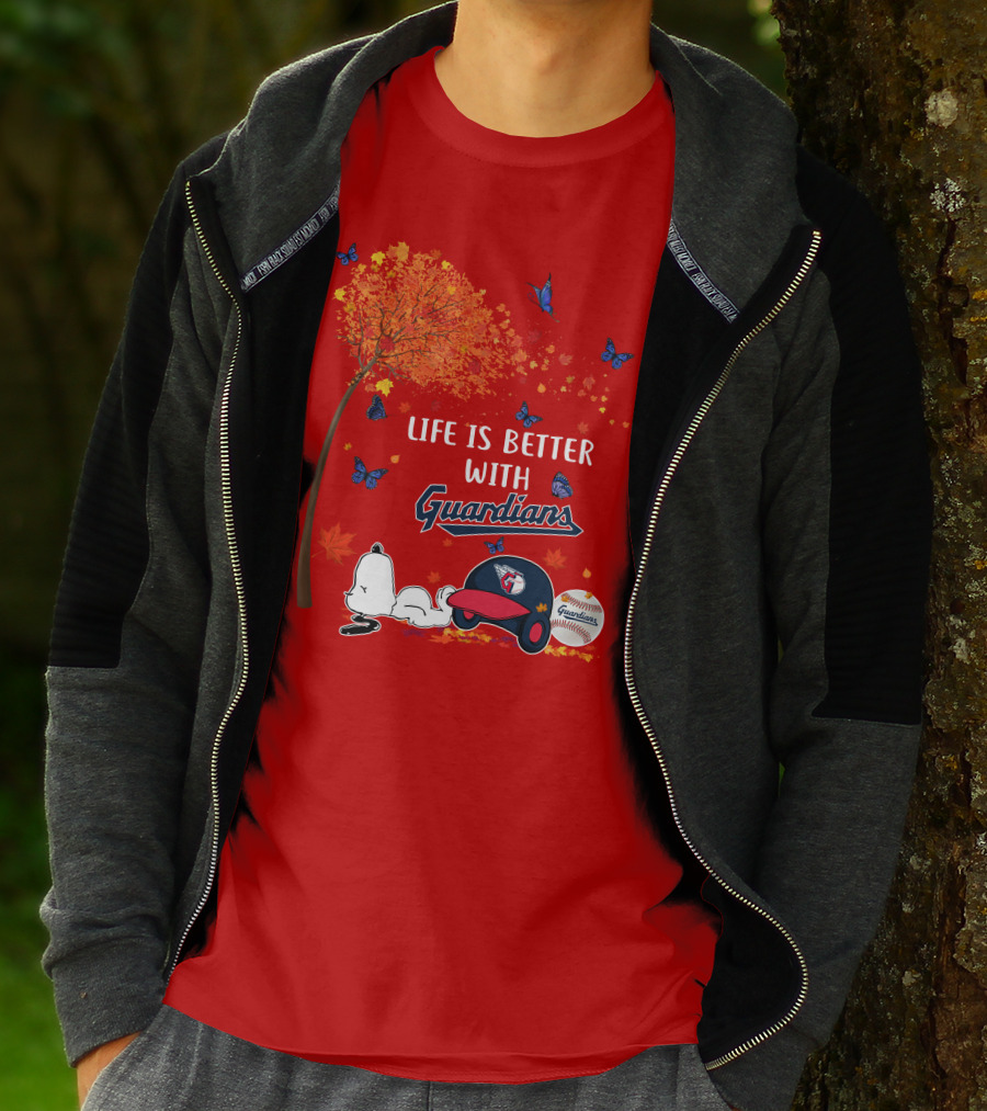Life Is Better With Guardians Cleveland Guardians Baseball Autumn Tree Snoopy And Butterflies T-Shirt