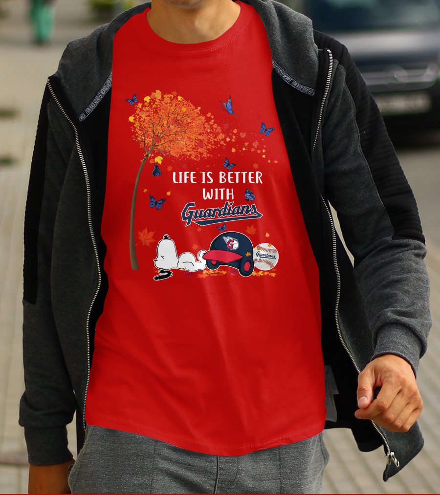 Life Is Better With Guardians Cleveland Guardians Baseball Autumn Tree Snoopy And Butterflies T-Shirt