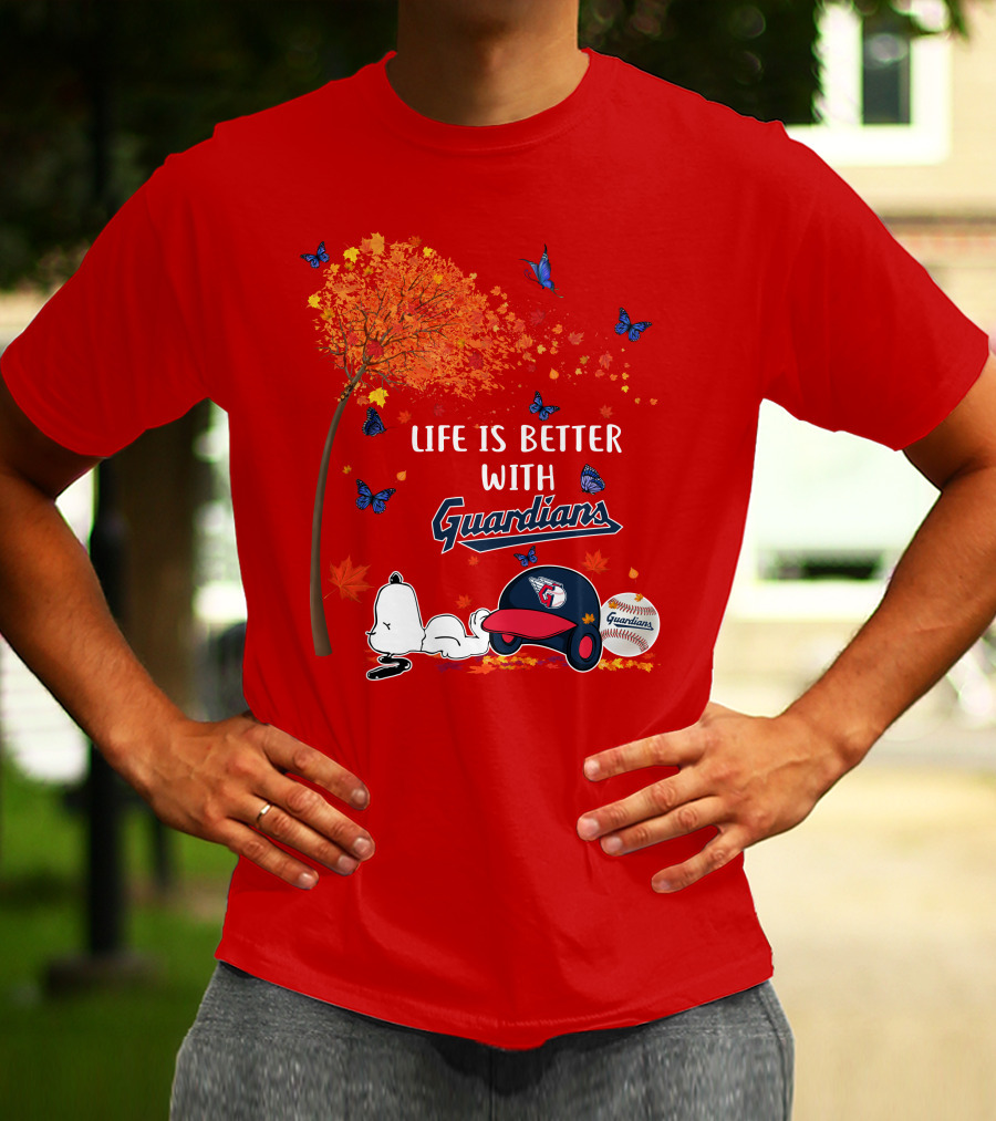 Life Is Better With Guardians Cleveland Guardians Baseball Autumn Tree Snoopy And Butterflies T-Shirt