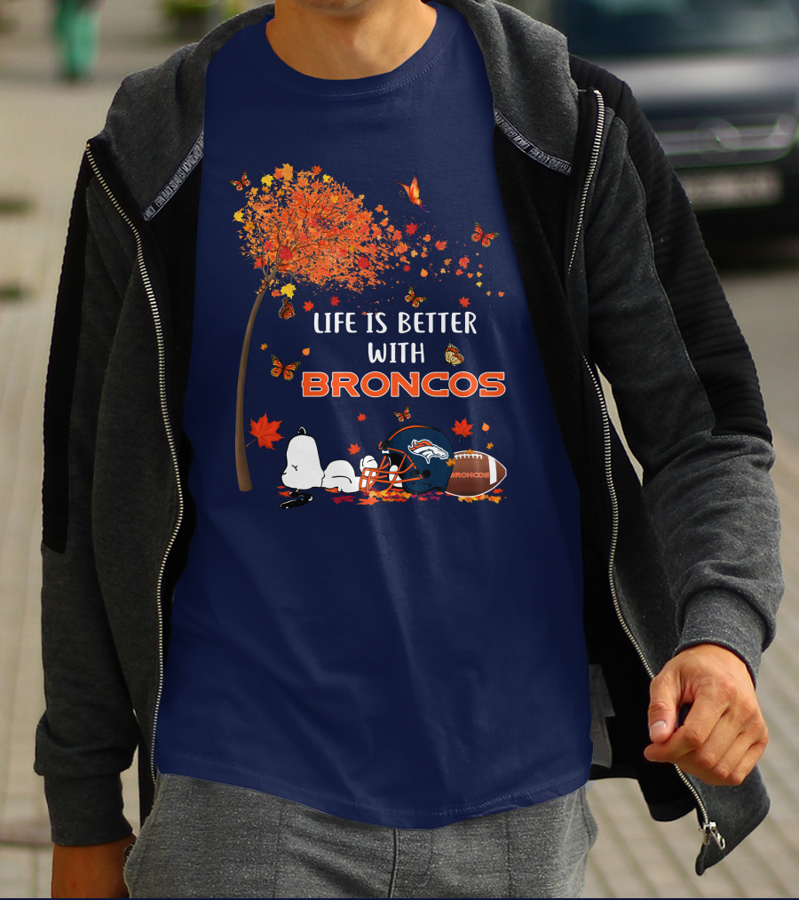 Life Is Better With Broncos Tree Butterflies Helmet Football T-Shirt