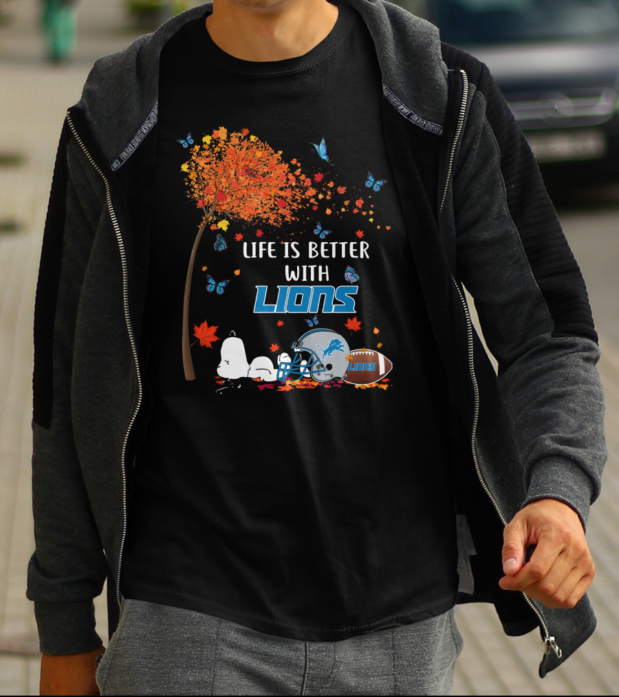 Life Is Better With Detroit Lions Autumn Leaves Football Helmet Snoopy Woodstock T-Shirt
