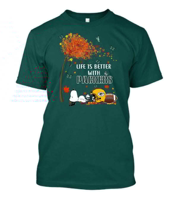 Life Is Better With Packers Green Bay Football Autumn Snoopy Leaves T-Shirt