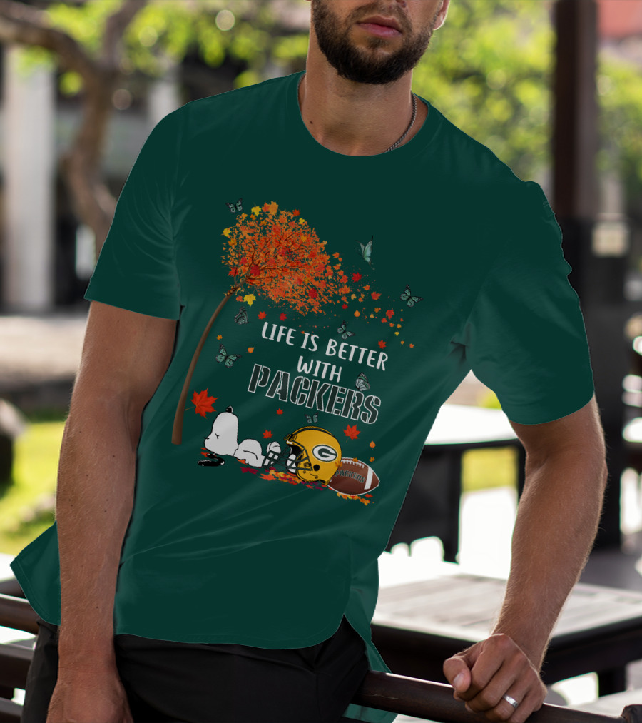 Life Is Better With Packers Green Bay Football Autumn Snoopy Leaves T-Shirt