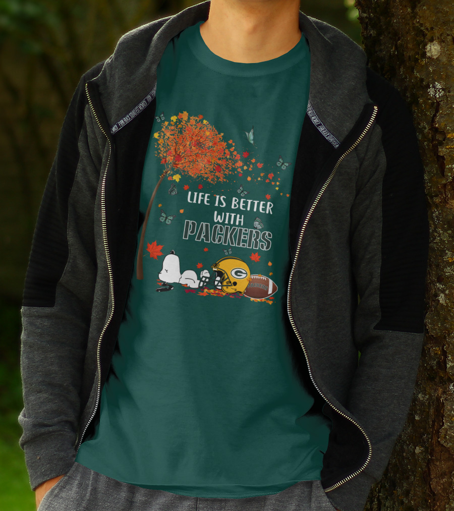 Life Is Better With Packers Green Bay Football Autumn Snoopy Leaves T-Shirt