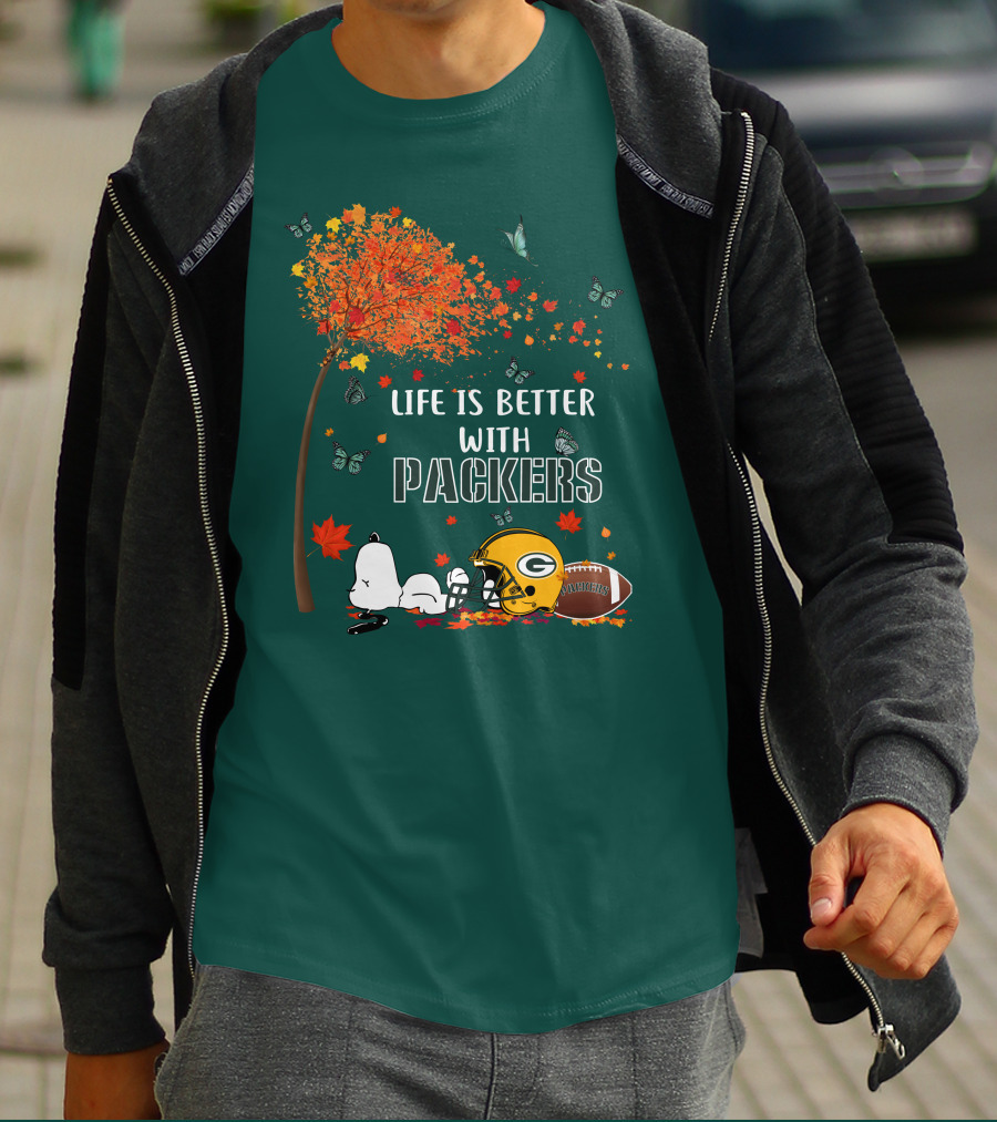 Life Is Better With Packers Green Bay Football Autumn Snoopy Leaves T-Shirt