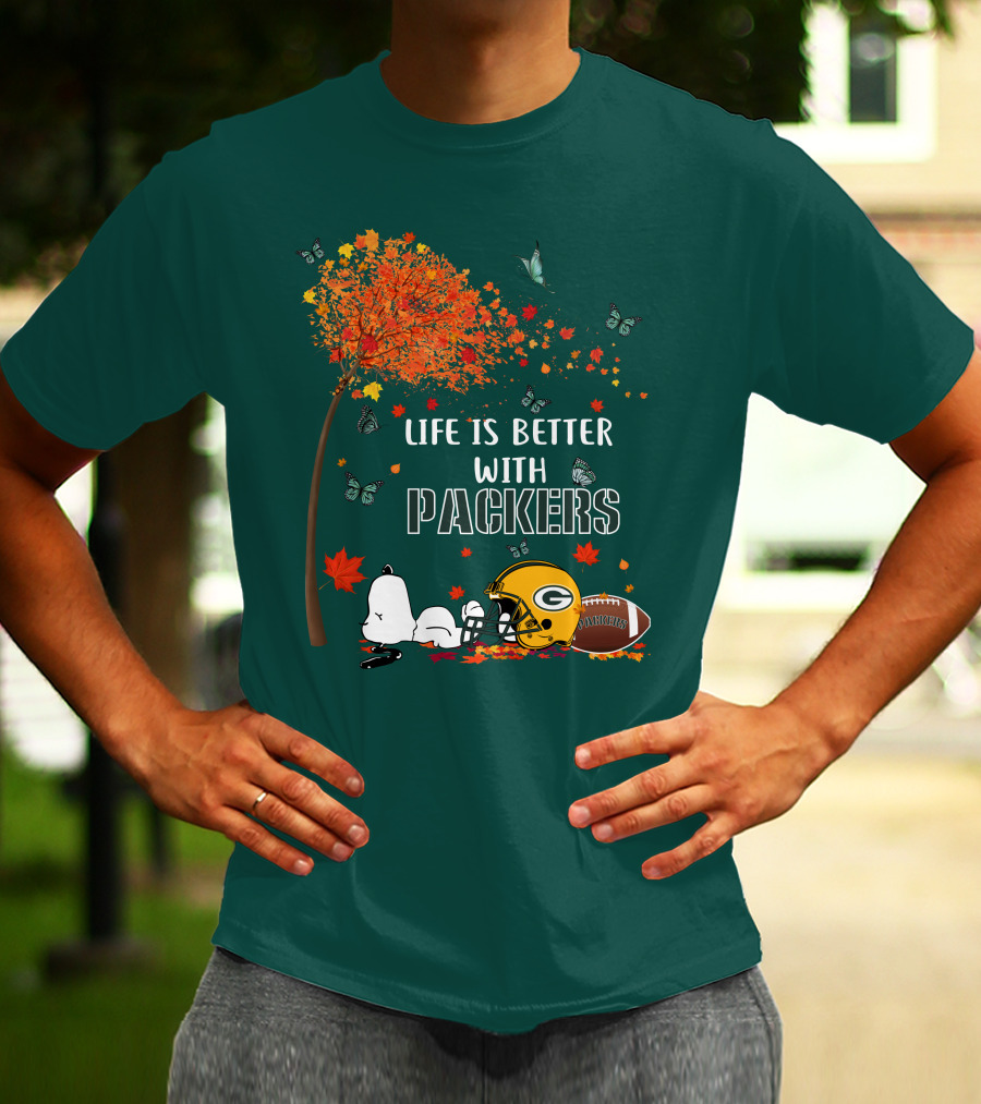 Life Is Better With Packers Green Bay Football Autumn Snoopy Leaves T-Shirt