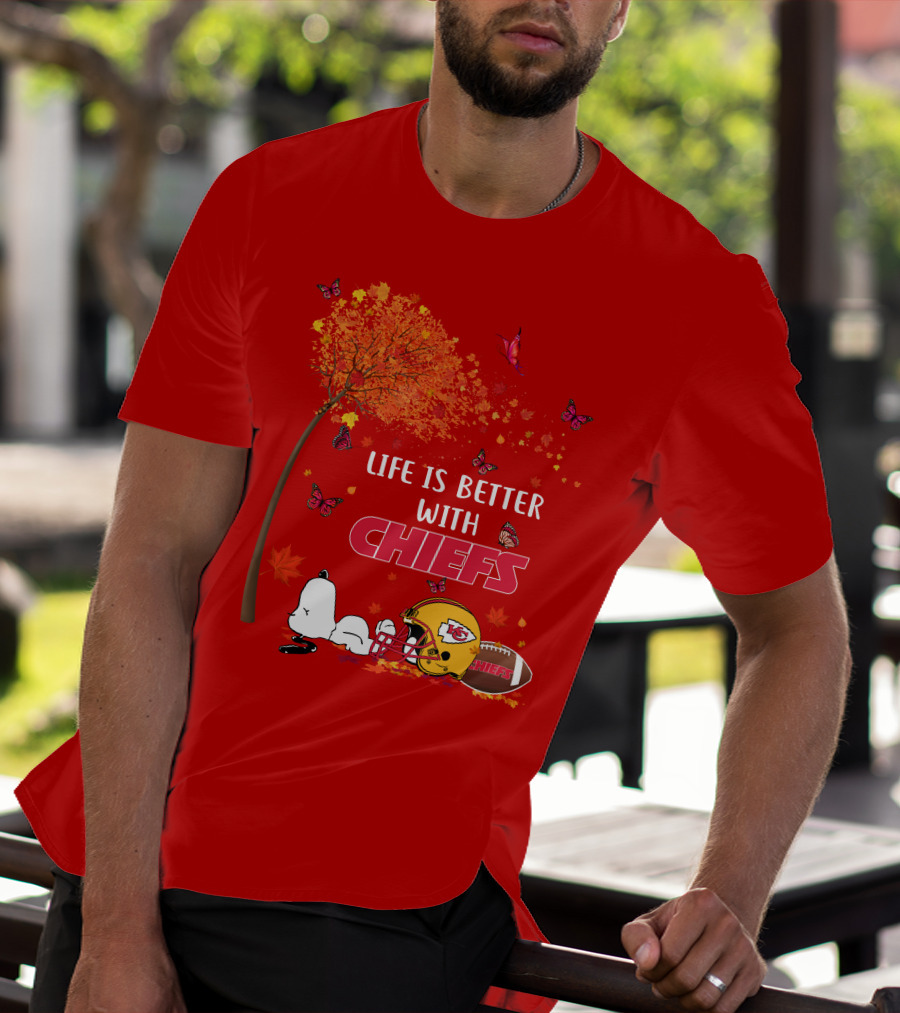 Life Is Better With Chiefs Fall Football Theme Snoopy And Butterflies T-Shirt