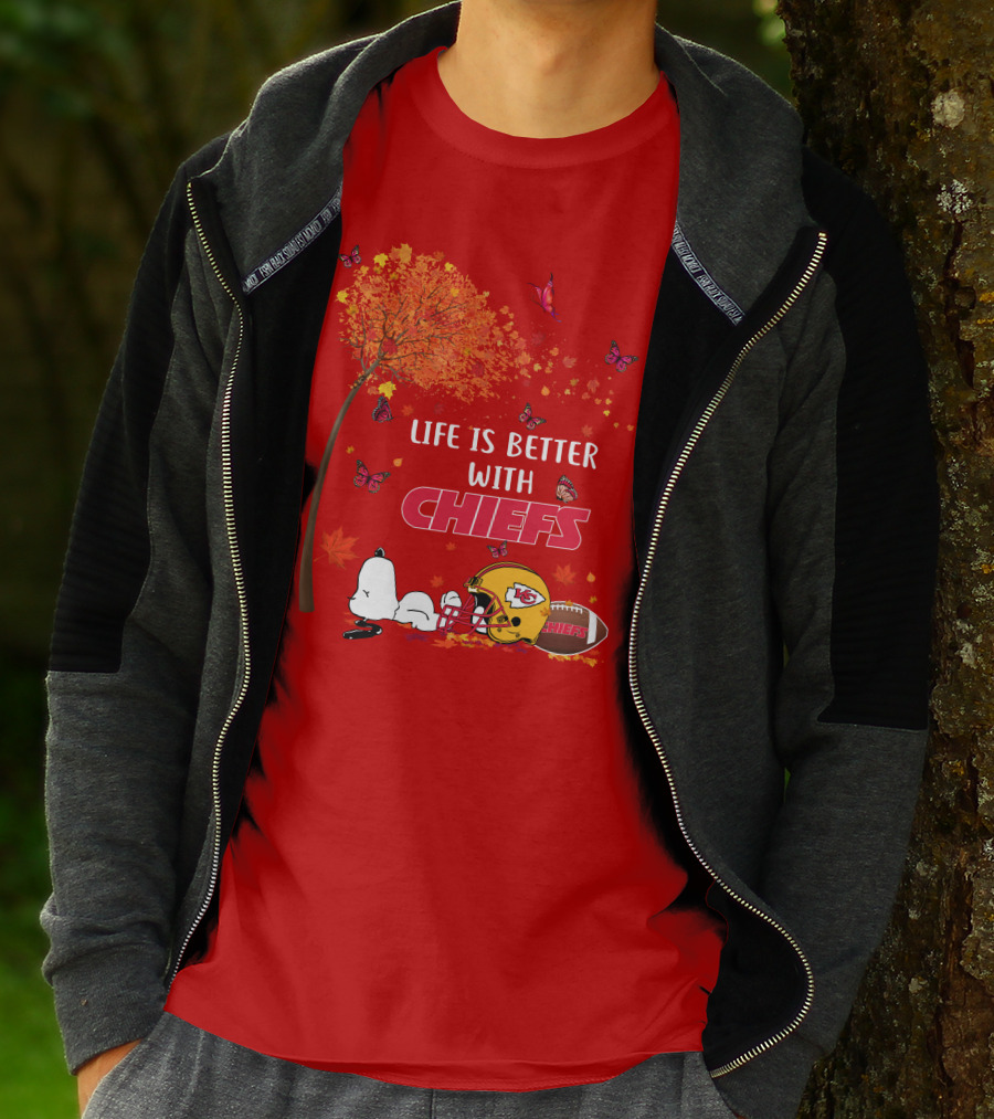 Life Is Better With Chiefs Fall Football Theme Snoopy And Butterflies T-Shirt