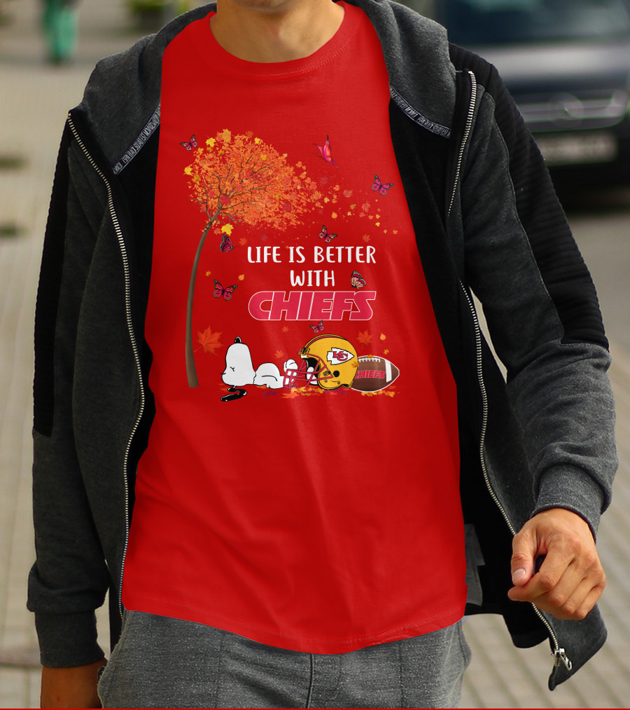 Life Is Better With Chiefs Fall Football Theme Snoopy And Butterflies T-Shirt