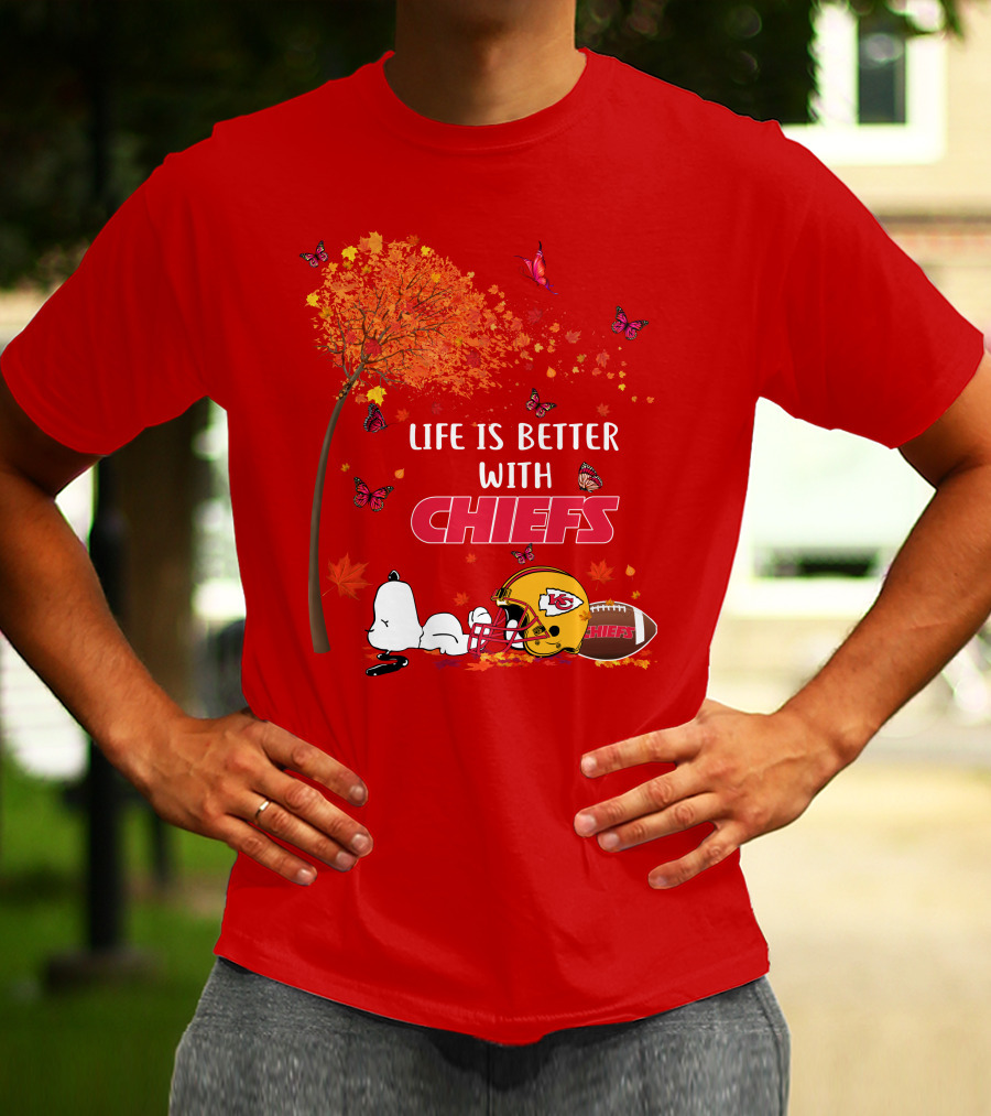 Life Is Better With Chiefs Fall Football Theme Snoopy And Butterflies T-Shirt