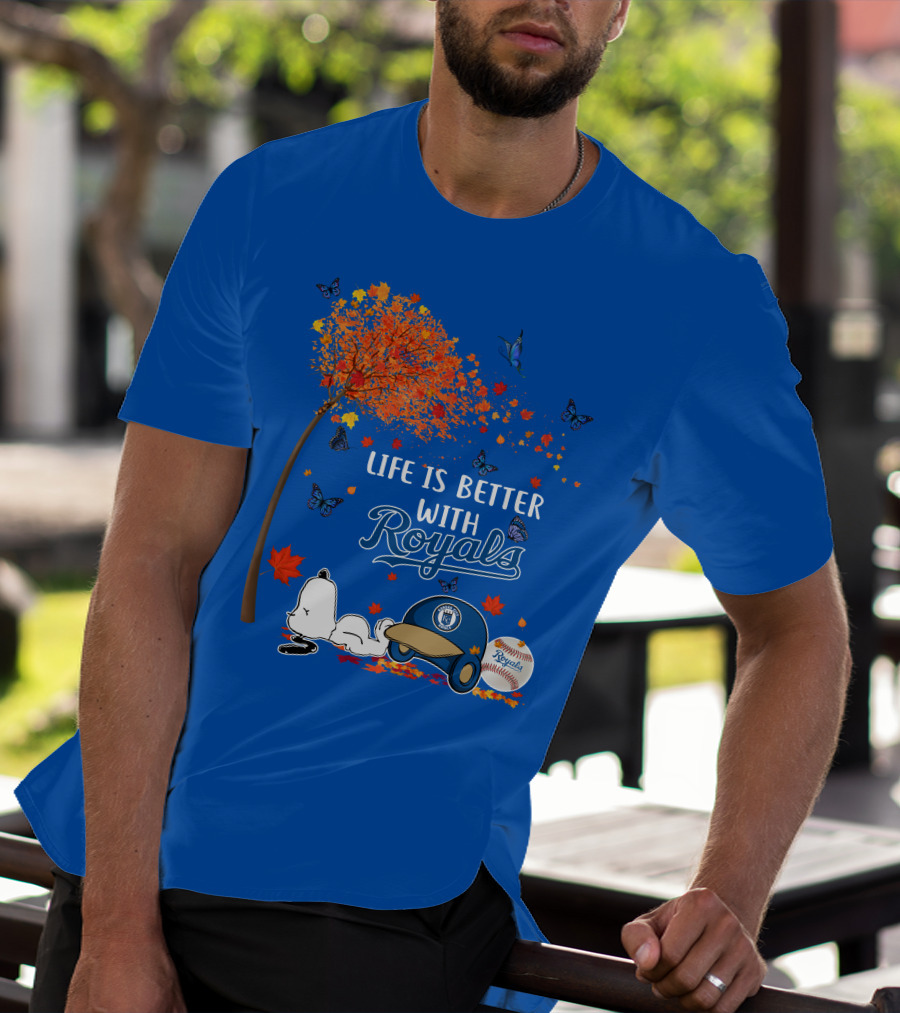 Life Is Better With Royals Baseball Helmet Autumn Leaves Snoopy And Butterfly T-Shirt