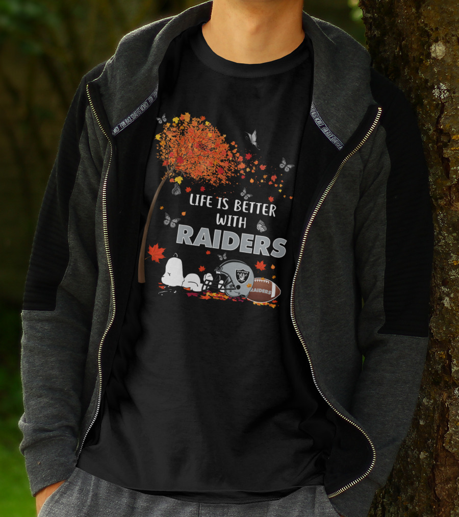Life Is Better With Raiders Autumn Leaves And Snoopy Under Tree With Butterfly And Football Helmet T-Shirt