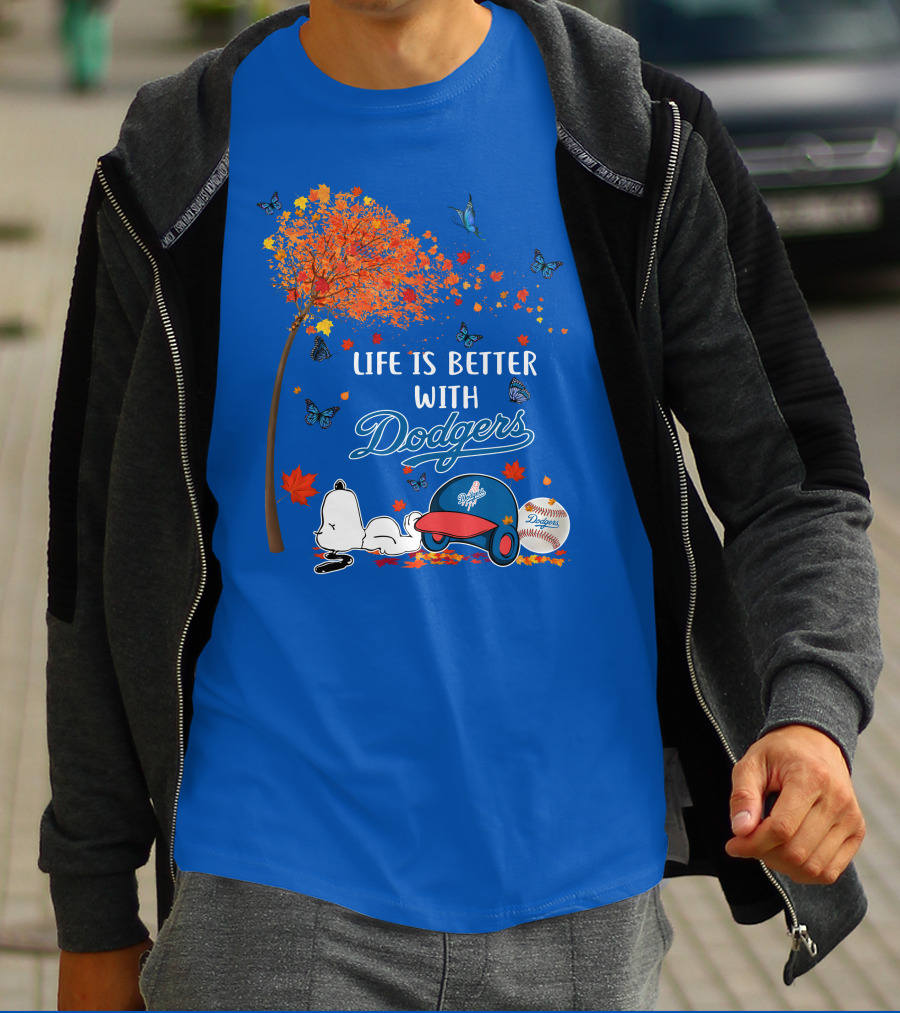 Life Is Better With Dodgers Autumn Leaves Snoopy Baseball Cap And Ball T-Shirt