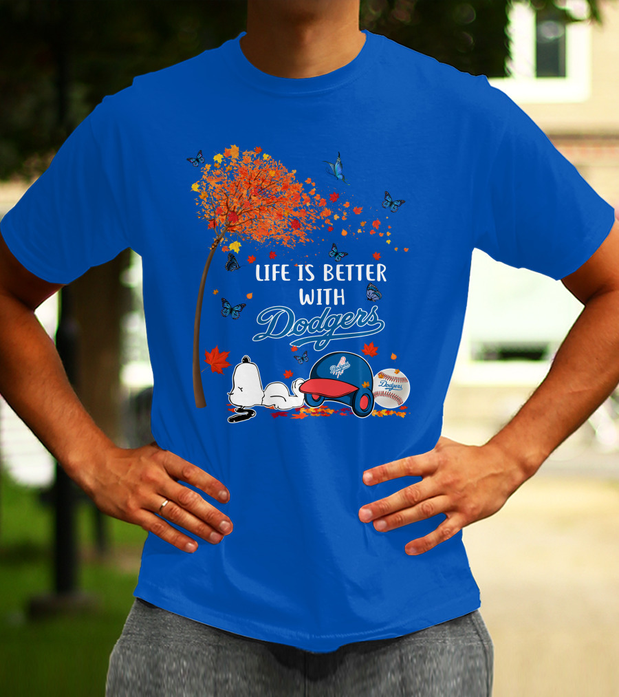Life Is Better With Dodgers Autumn Leaves Snoopy Baseball Cap And Ball T-Shirt