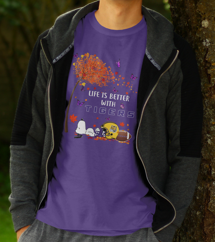 Life Is Better With Tigers Football Leaves Butterflies Helmet T-Shirt