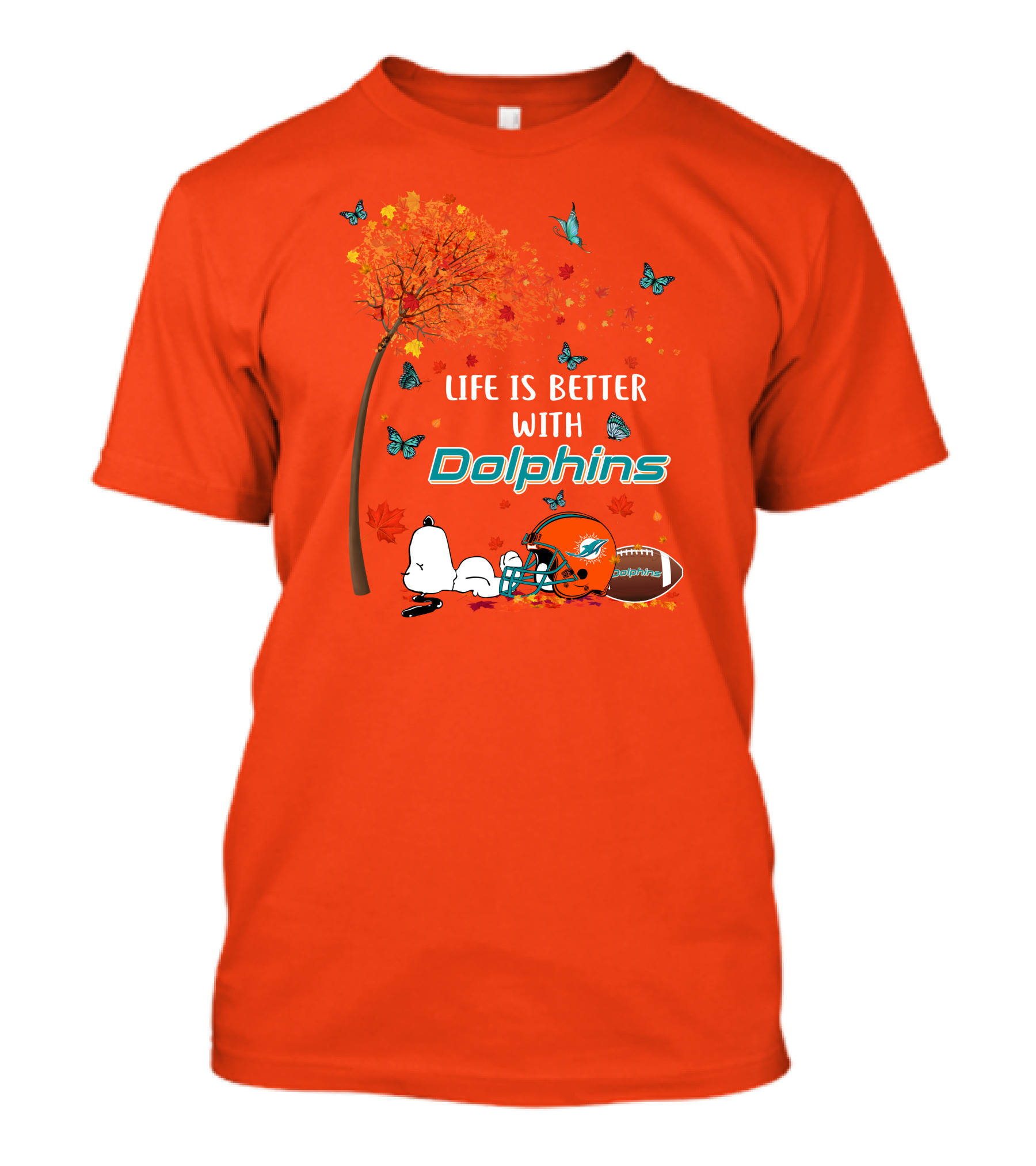 Life Is Better With Dolphins Miami Football Autumn Tree Snoopy Butterflies T-Shirt