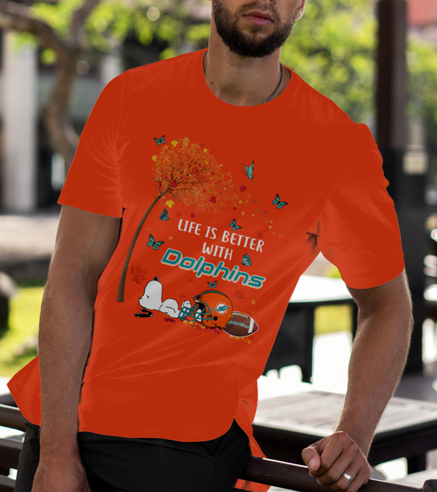 Life Is Better With Dolphins Miami Football Autumn Tree Snoopy Butterflies T-Shirt