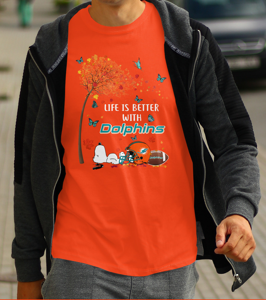 Life Is Better With Dolphins Miami Football Autumn Tree Snoopy Butterflies T-Shirt