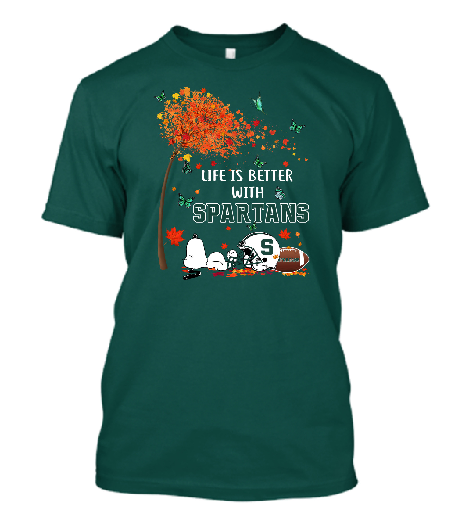 Life Is Better With Spartans Michigan State Football Autumn Leaves Butterflies T-Shirt