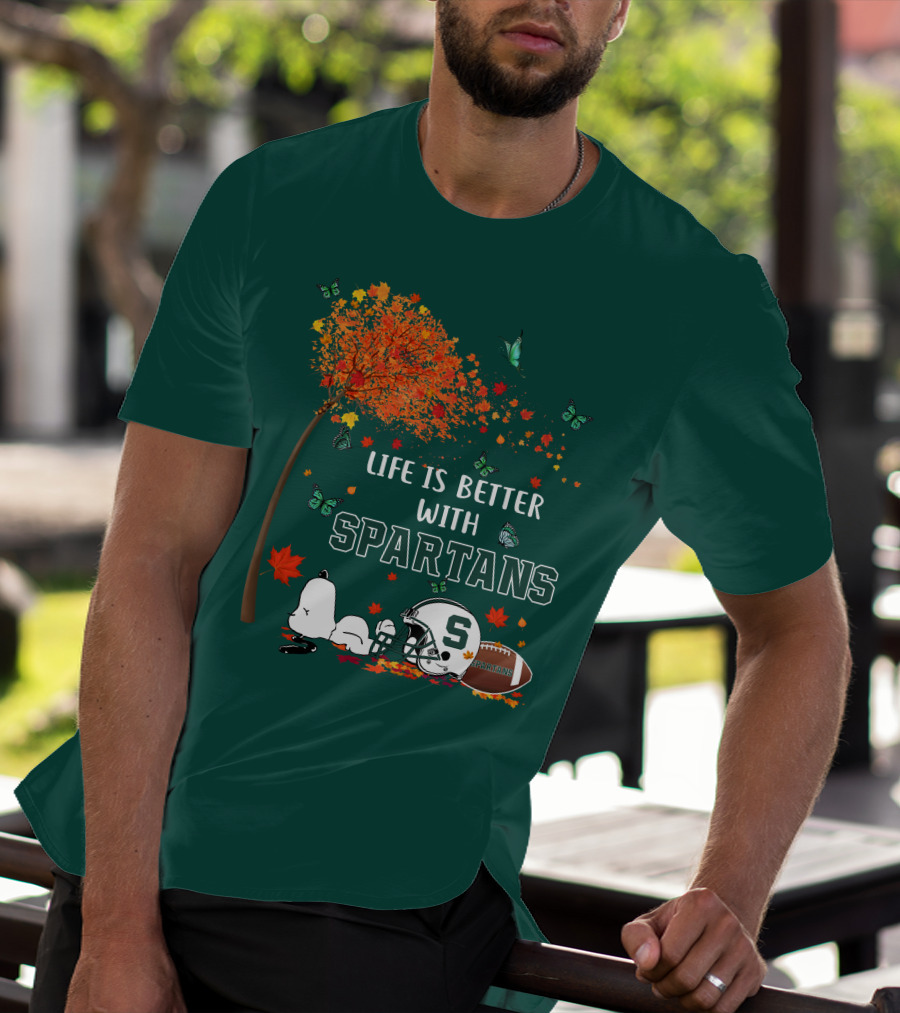 Life Is Better With Spartans Michigan State Football Autumn Leaves Butterflies T-Shirt