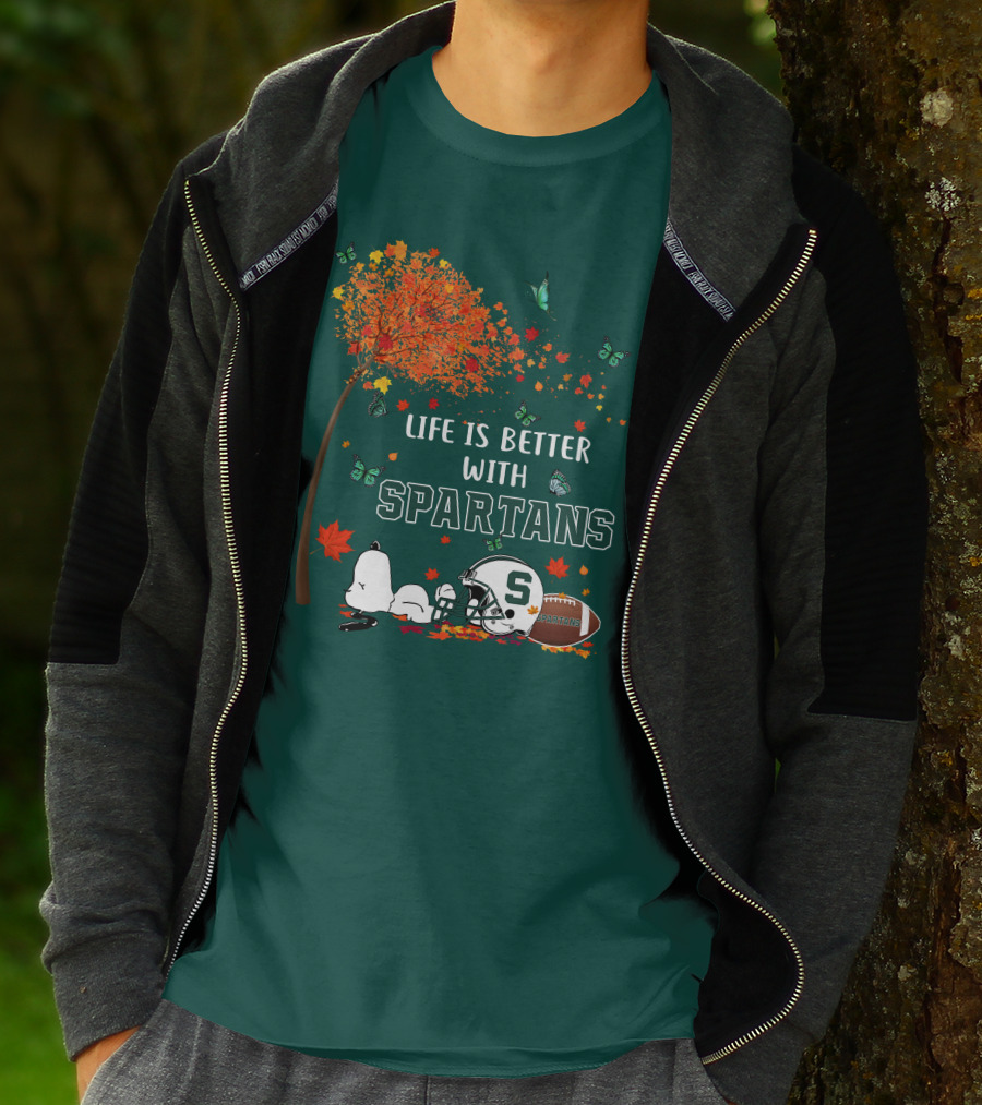Life Is Better With Spartans Michigan State Football Autumn Leaves Butterflies T-Shirt