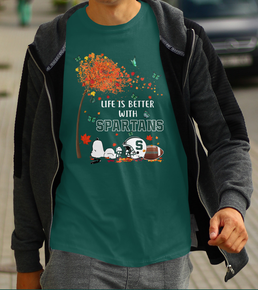 Life Is Better With Spartans Michigan State Football Autumn Leaves Butterflies T-Shirt