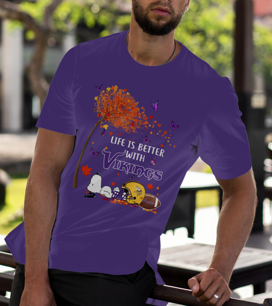 Life Is Better With Vikings Football And Autumn Leaves T-Shirt