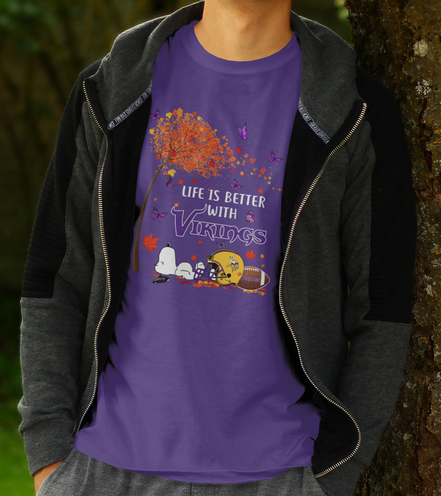 Life Is Better With Vikings Football And Autumn Leaves T-Shirt