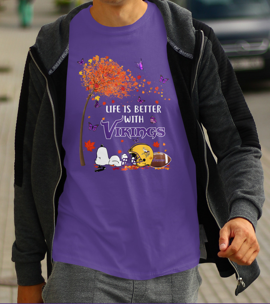 Life Is Better With Vikings Football And Autumn Leaves T-Shirt
