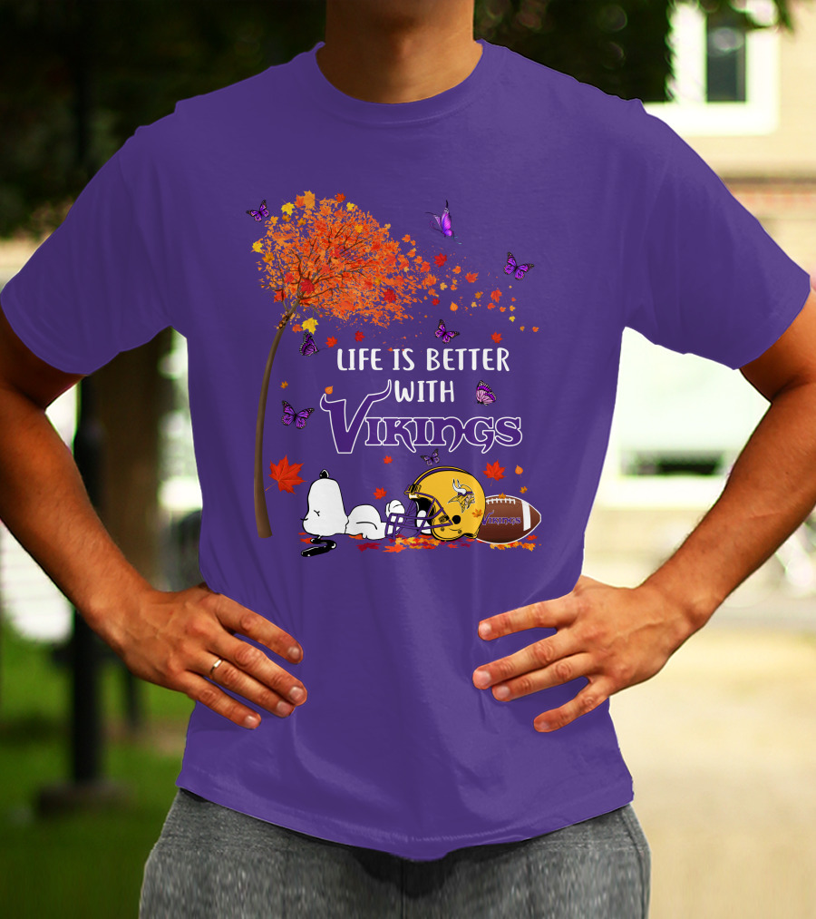 Life Is Better With Vikings Football And Autumn Leaves T-Shirt