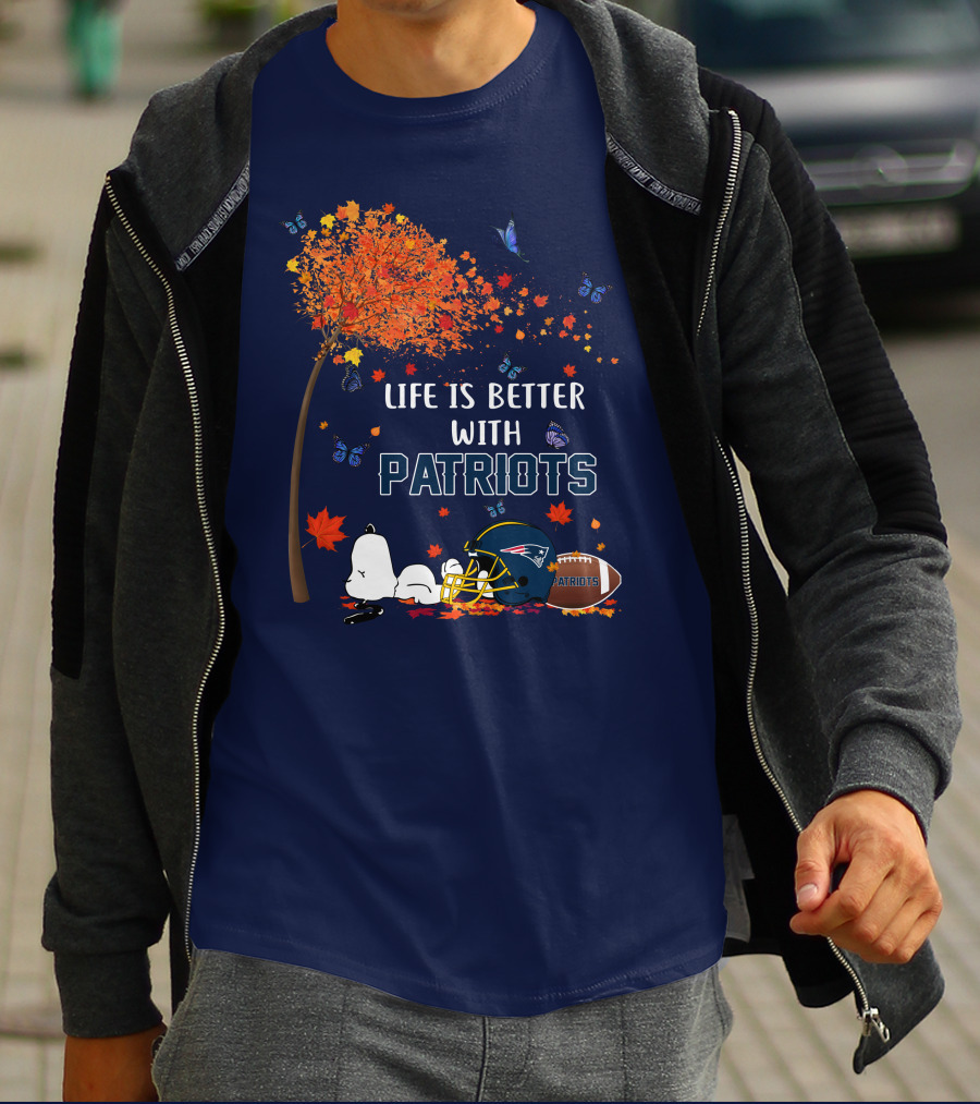 Life Is Better With Patriots New England Football Autumn Tree Butterfly T-Shirt