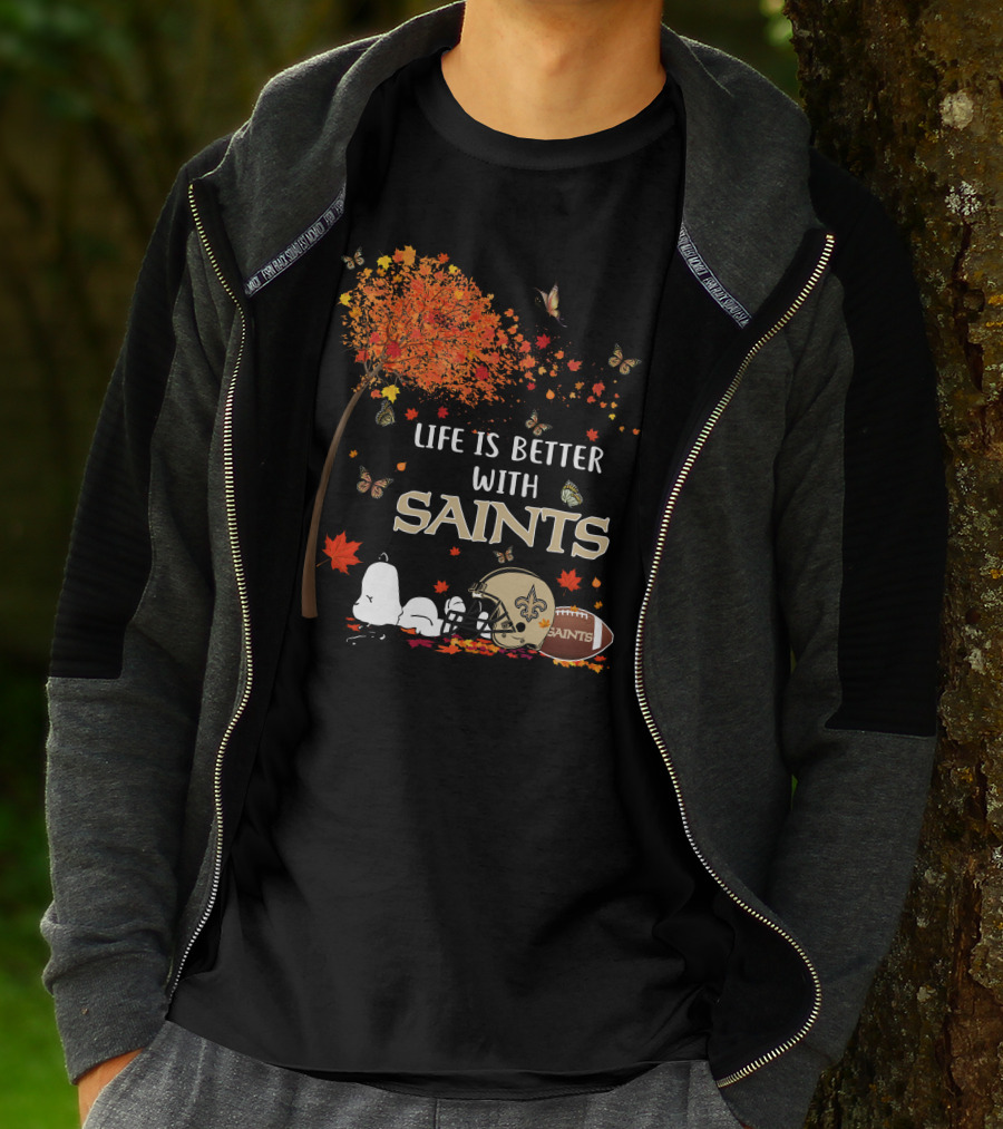 Life Is Better With Saints Autumn Leaves Football And Helmet T-Shirt