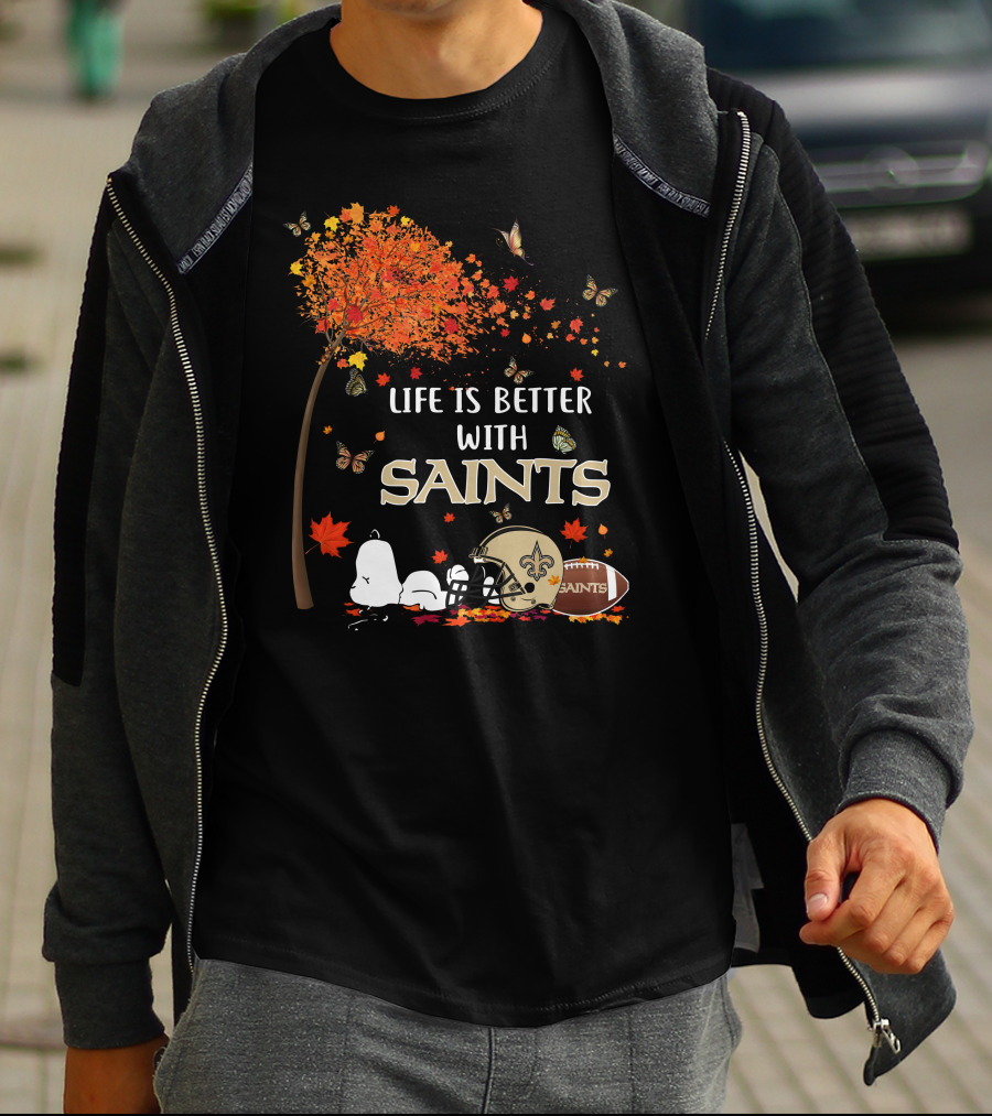 Life Is Better With Saints Autumn Leaves Football And Helmet T-Shirt