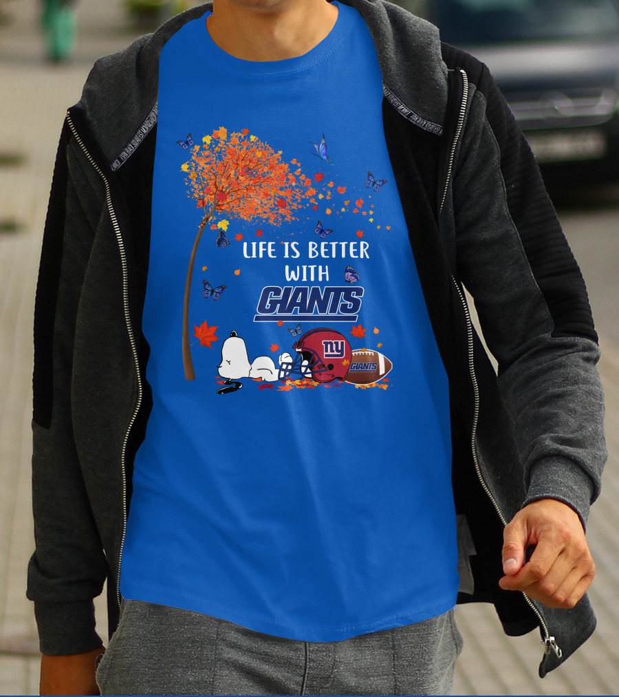 Life Is Better With Giants New York Giants Football Autumn Leaves Snoopy Butterflies T-Shirt