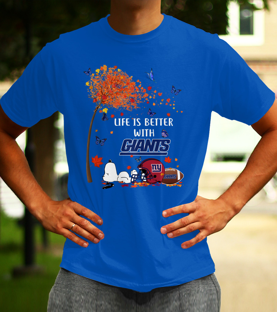 Life Is Better With Giants New York Giants Football Autumn Leaves Snoopy Butterflies T-Shirt