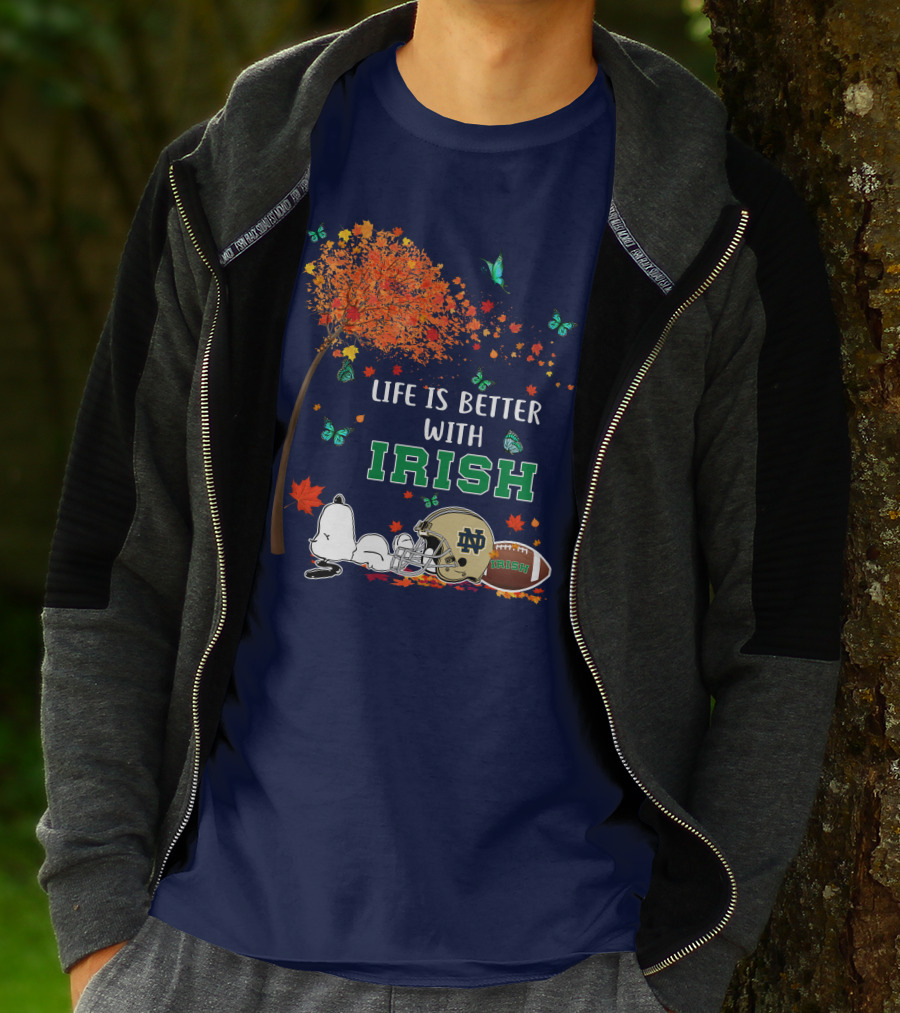 Life Is Better With Irish Autumn Leaves Football Helmet Snoopy Notre Dame T-Shirt