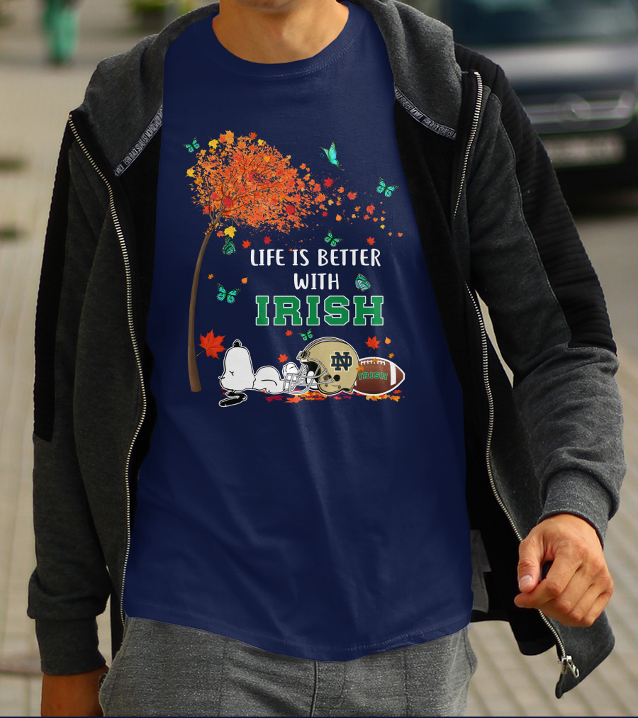 Life Is Better With Irish Autumn Leaves Football Helmet Snoopy Notre Dame T-Shirt