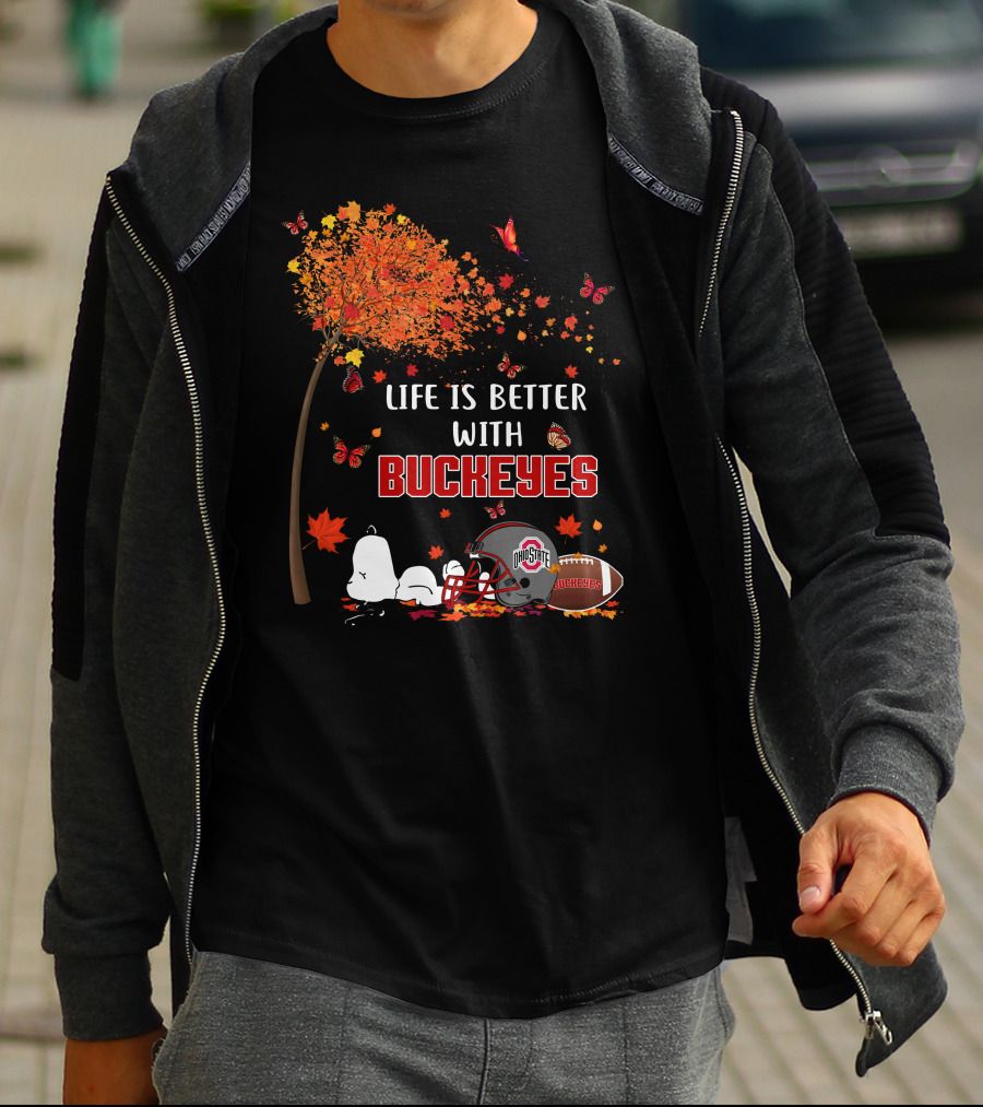 Life Is Better With Buckeyes Ohio State Football Autumn Leaves Butterflies T-Shirt